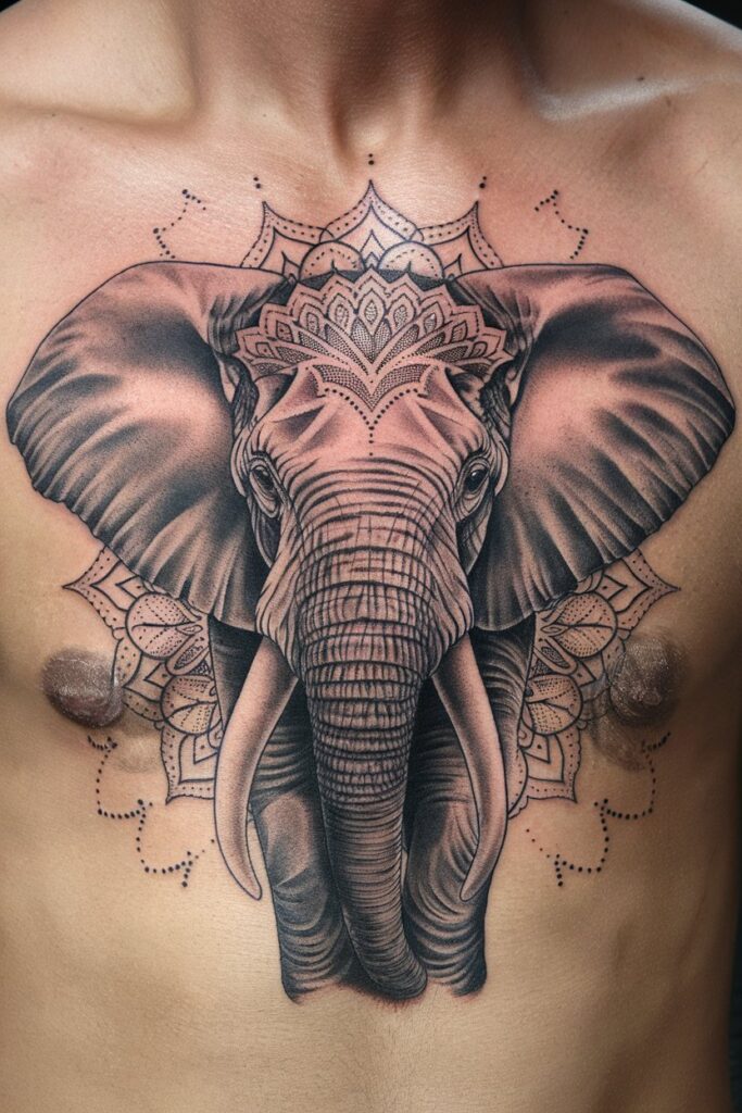 Detailed Mandala Elephant Chest Tattoo