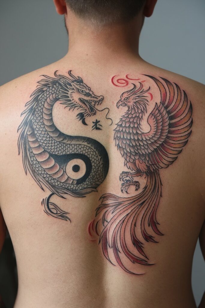 Phoenix and Dragon Back Tattoo Symbolizing Balance