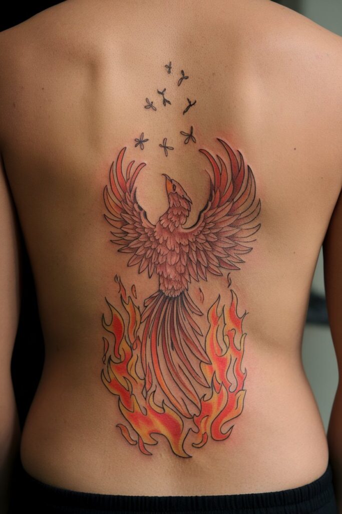 19. Phoenix Back Tattoo Rising from Flames