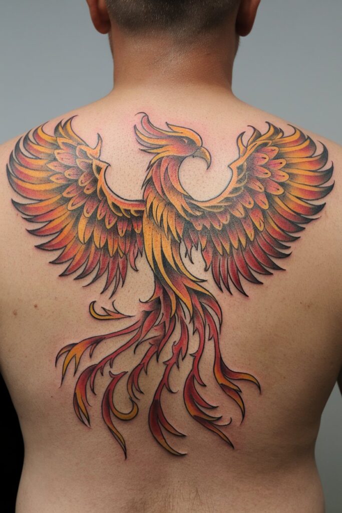 Phoenix Back Tattoo Vibrant and Fiery Design