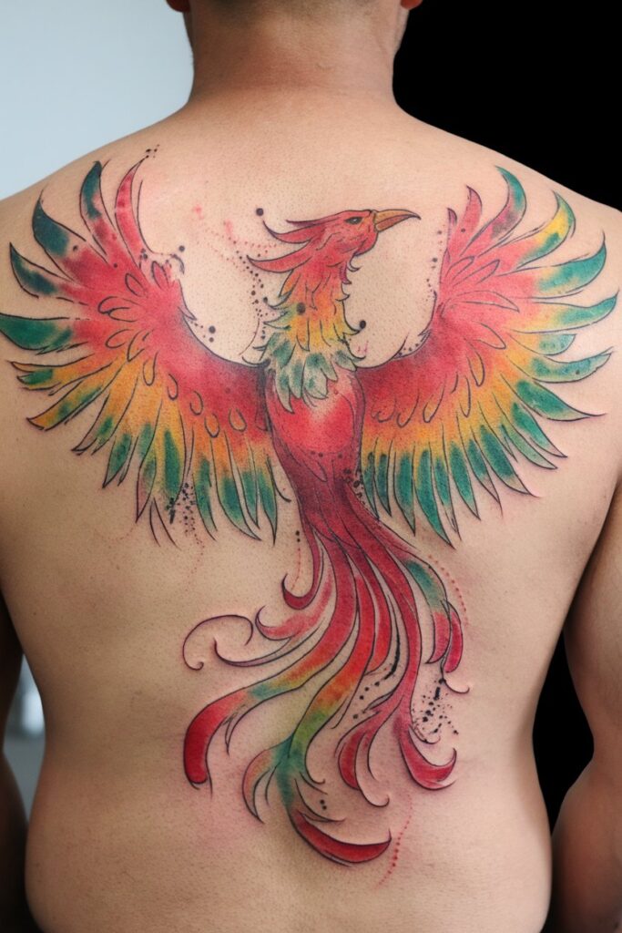 4. Phoenix Back Tattoo Colorful and Bold Design