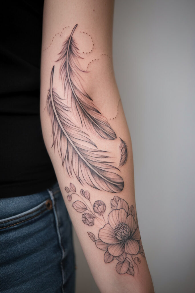 Feather and Floral Sleeve Tattoo 