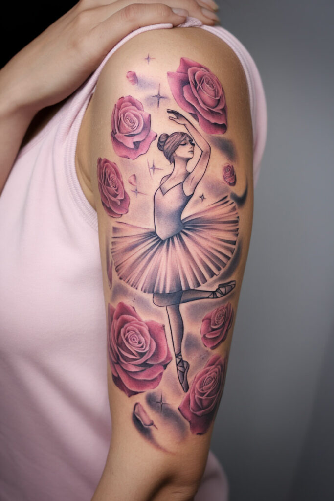 Ballerina and Roses Sleeve Tattoo 