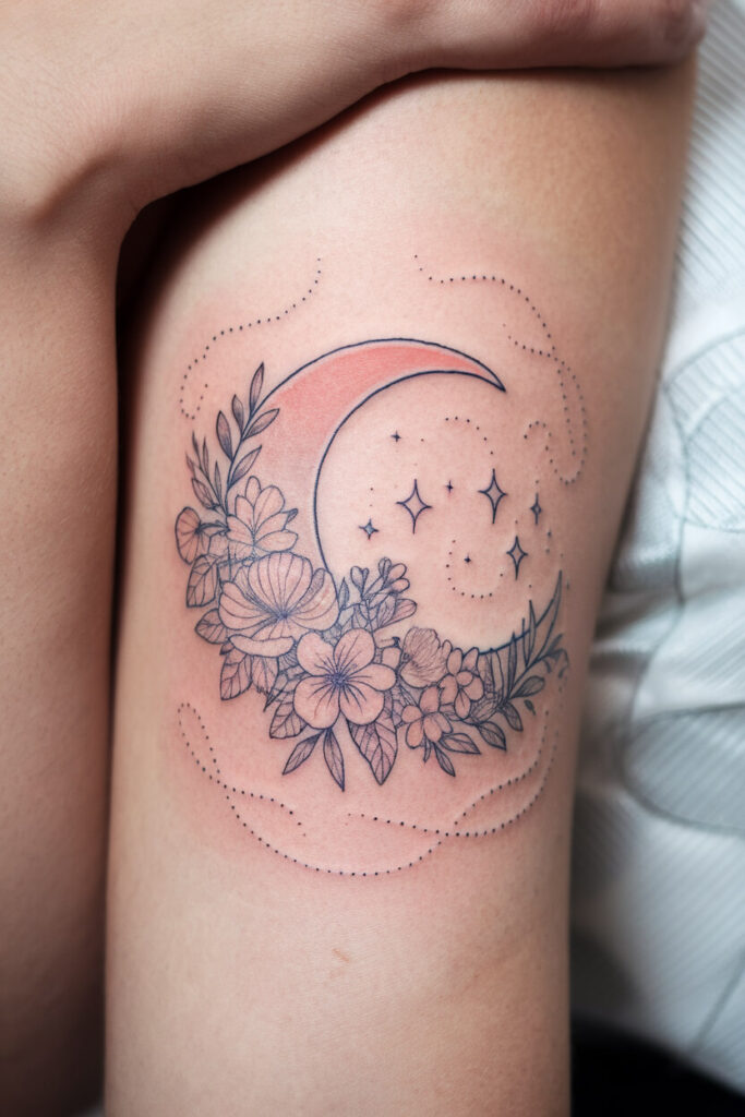 Floral Crescent Moon Tattoo 