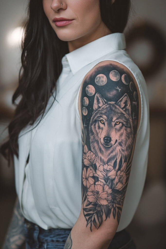 Wolf and Moon Phases Sleeve Tattoo