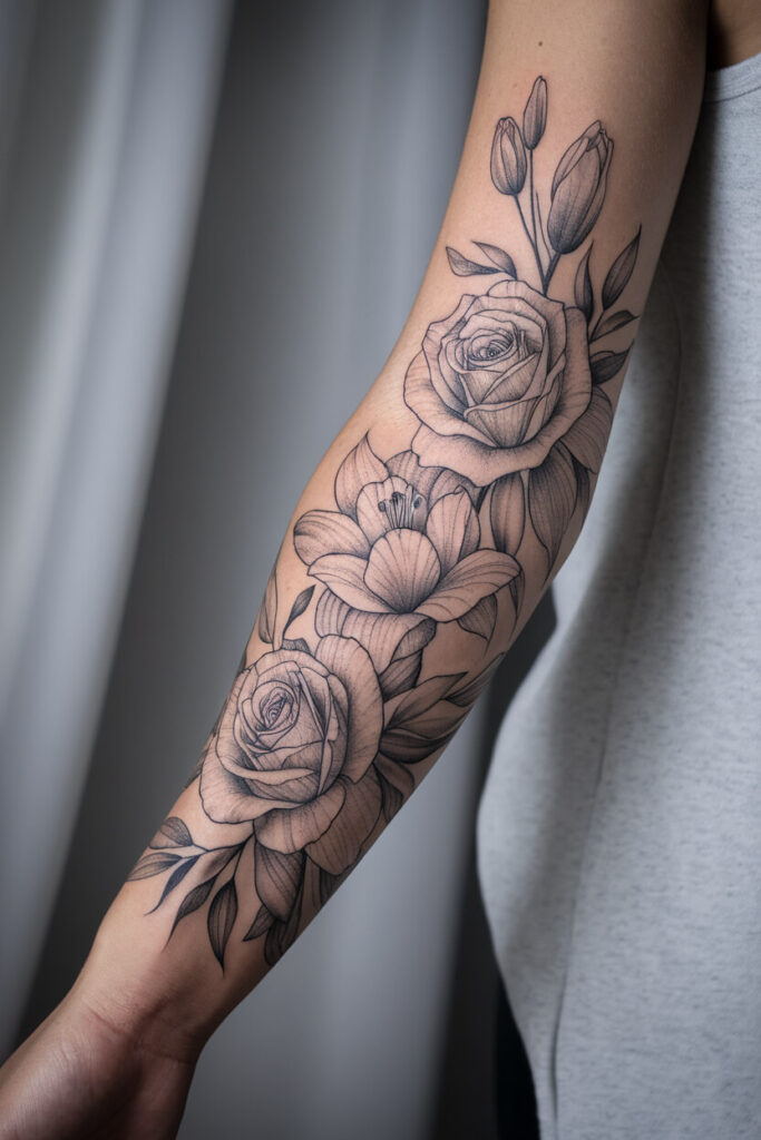 Classic Rose and Lily Sleeve Tattoo 