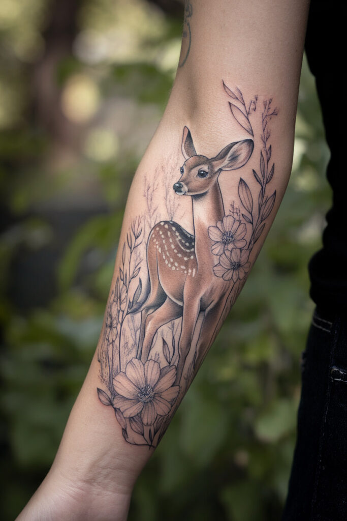 Gentle Fawn and Floral Tattoo