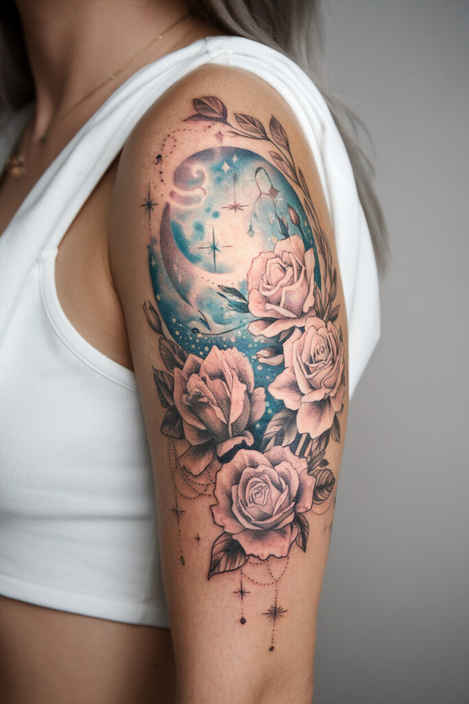 Floral Moon Sleeve Tattoo