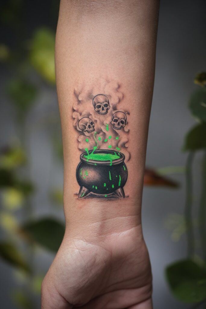 Witch’s Cauldron Tattoo with Skulls