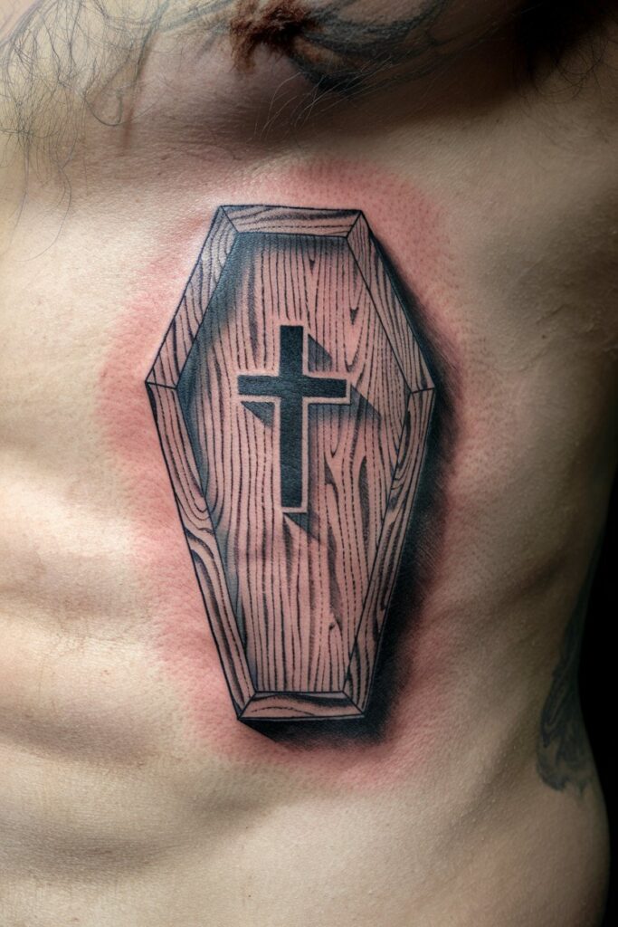 Coffin Tattoo with Cross for a Bold Gothic Look