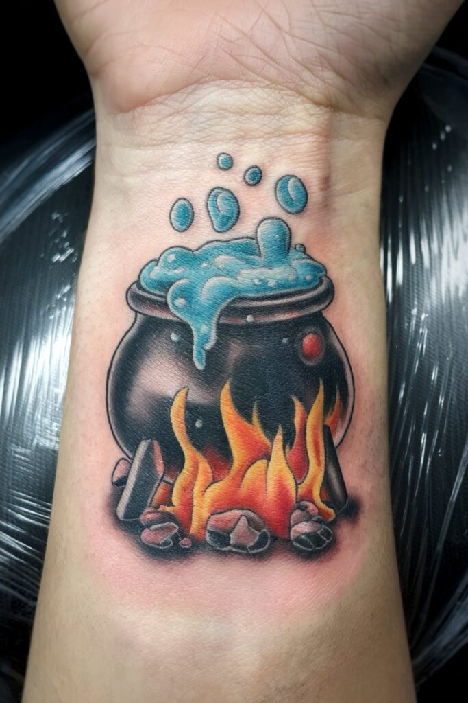 Bubbling Cauldron Tattoo: A Playful Magical Vibe