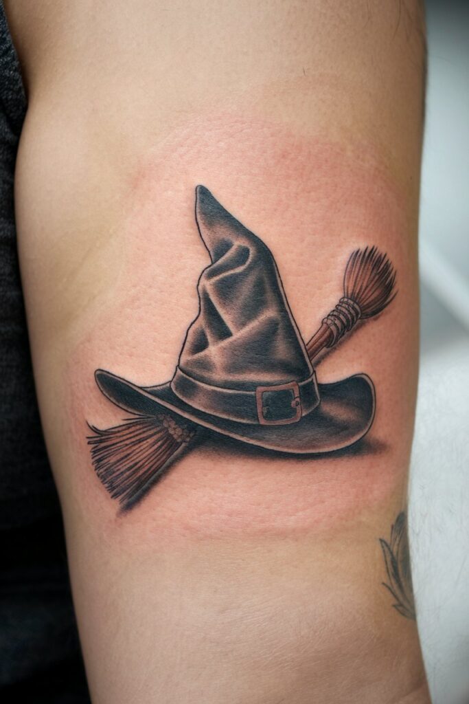 Classic Witch Hat and Broomstick Tattoo