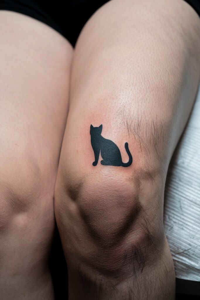 Minimalist Black Cat Tattoo on Knee