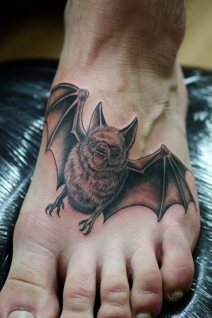 Detailed Bat Tattoo on Foot