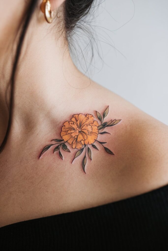 Marigold Flower Tattoo on Collarbone