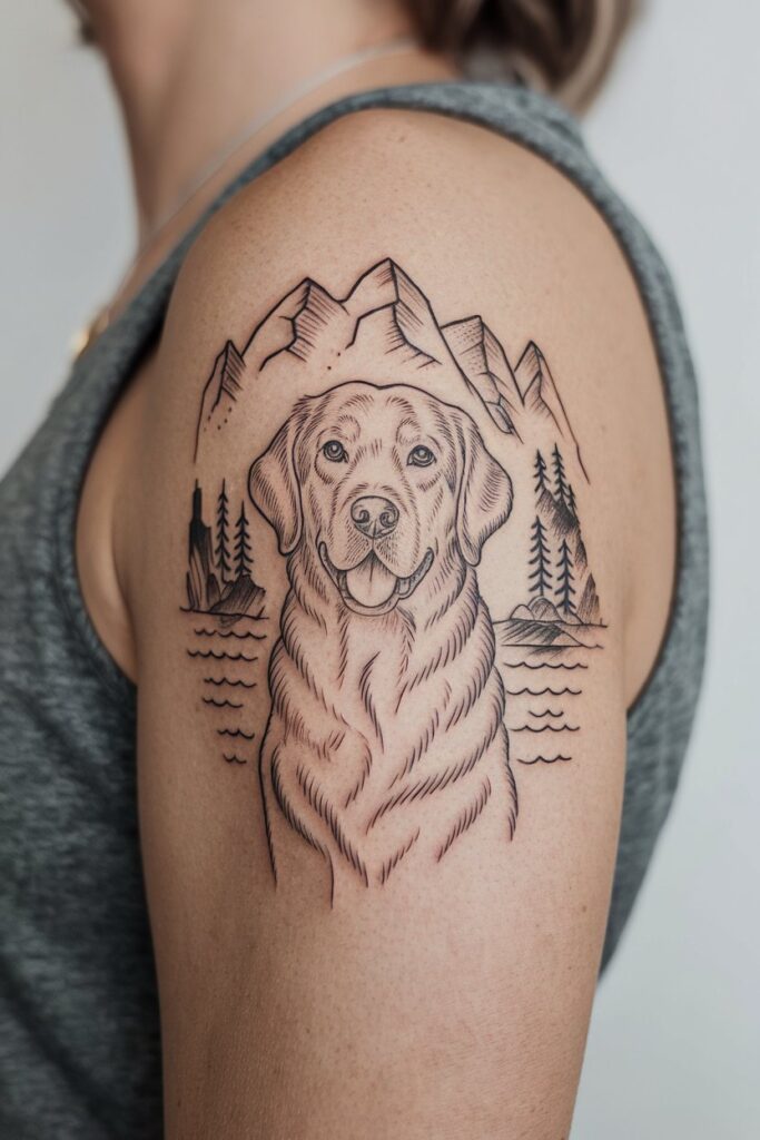 Mountain Adventure Dog Tattoo Design
