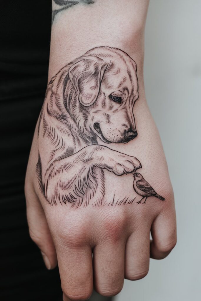 Gentle Dog and Bird Tattoo Design