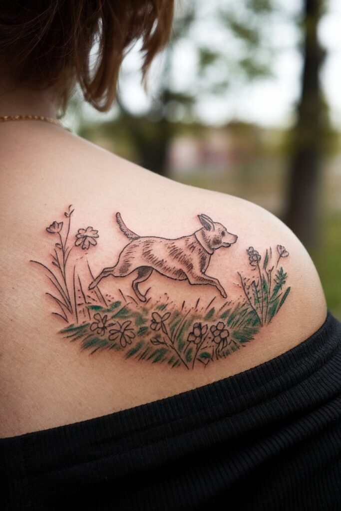 Leaping Dog in Floral Meadow Tattoo