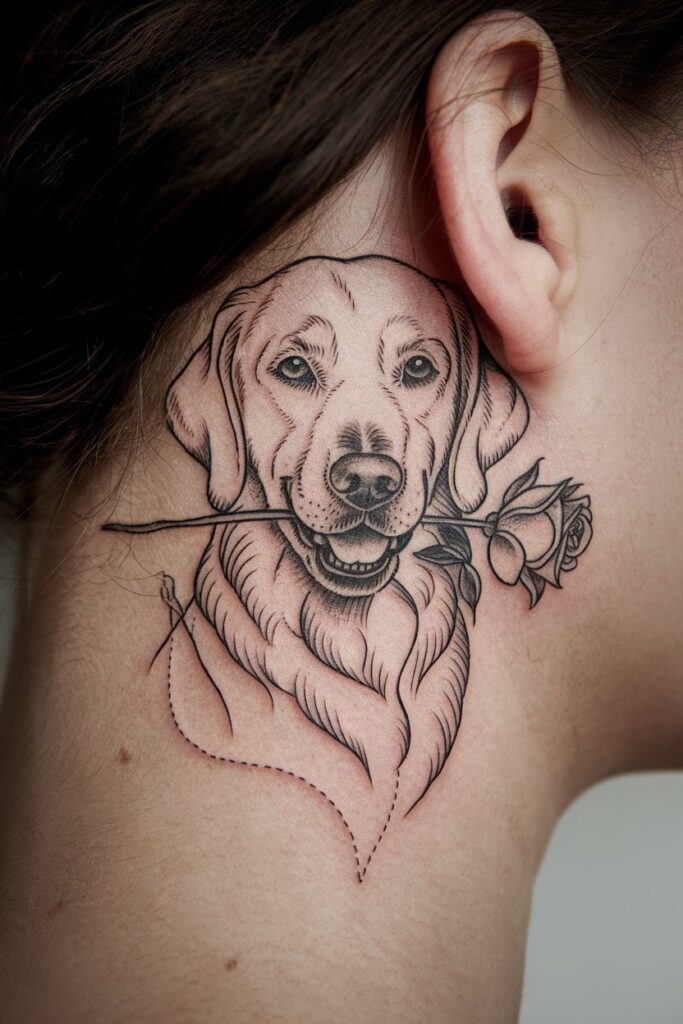 Charming Dog with Rose Tattoo Design