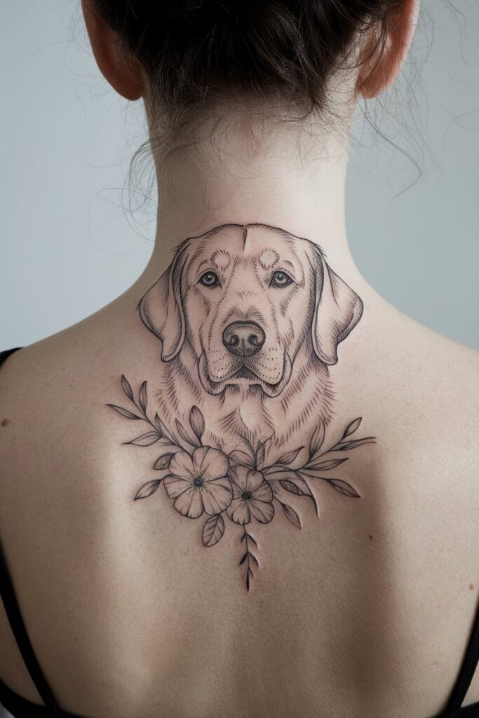 Floral Dog Portrait Tattoo Design