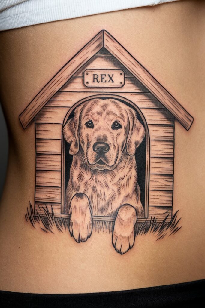 Golden Retriever in Doghouse Tattoo