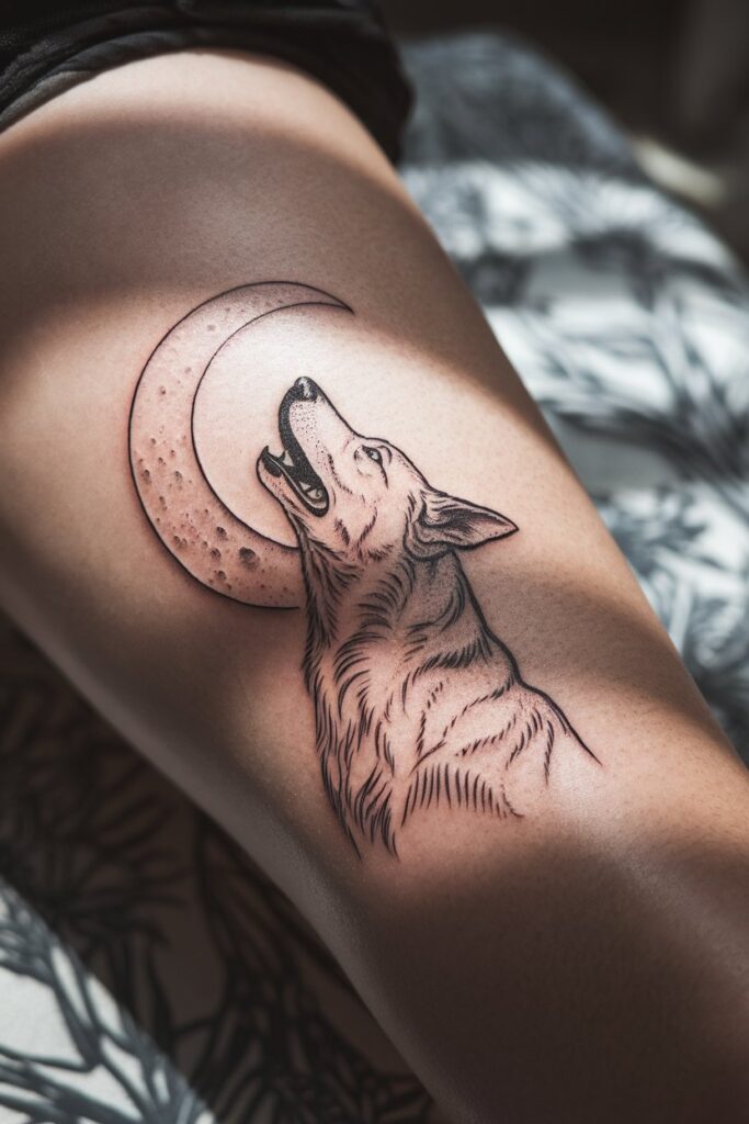 Howling Wolf with Moon Tattoo