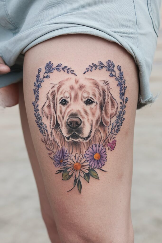 Golden Retriever Floral Heart Tattoo