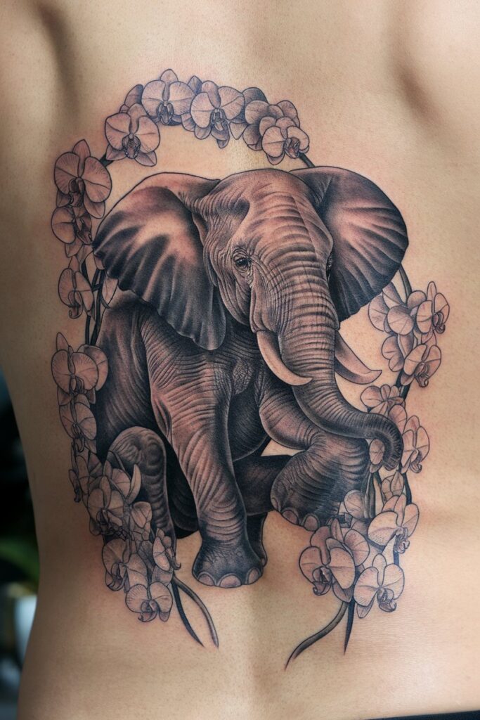 Elephant with Orchid Elegance