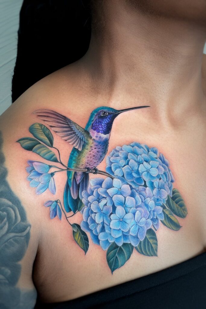 Elegant Hummingbird and Hydrangea Shoulder Tattoo