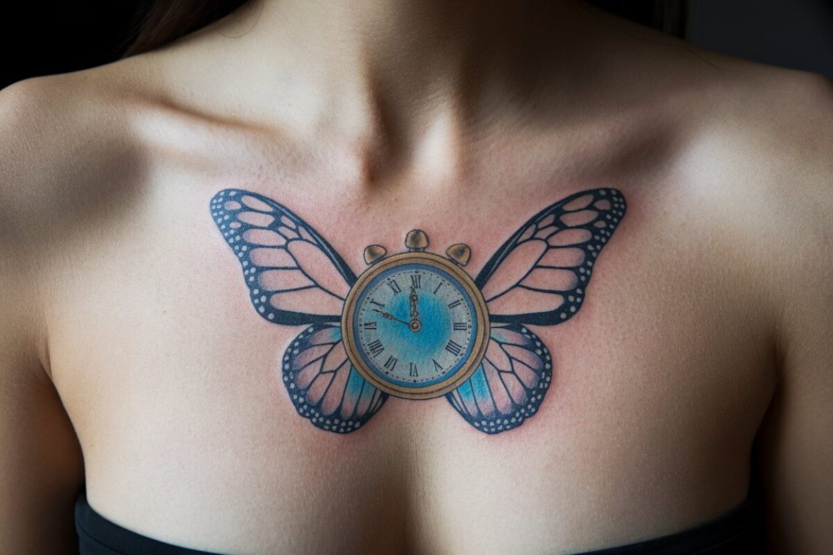 butterfly clock tattoo ideas for woman on her upper chest