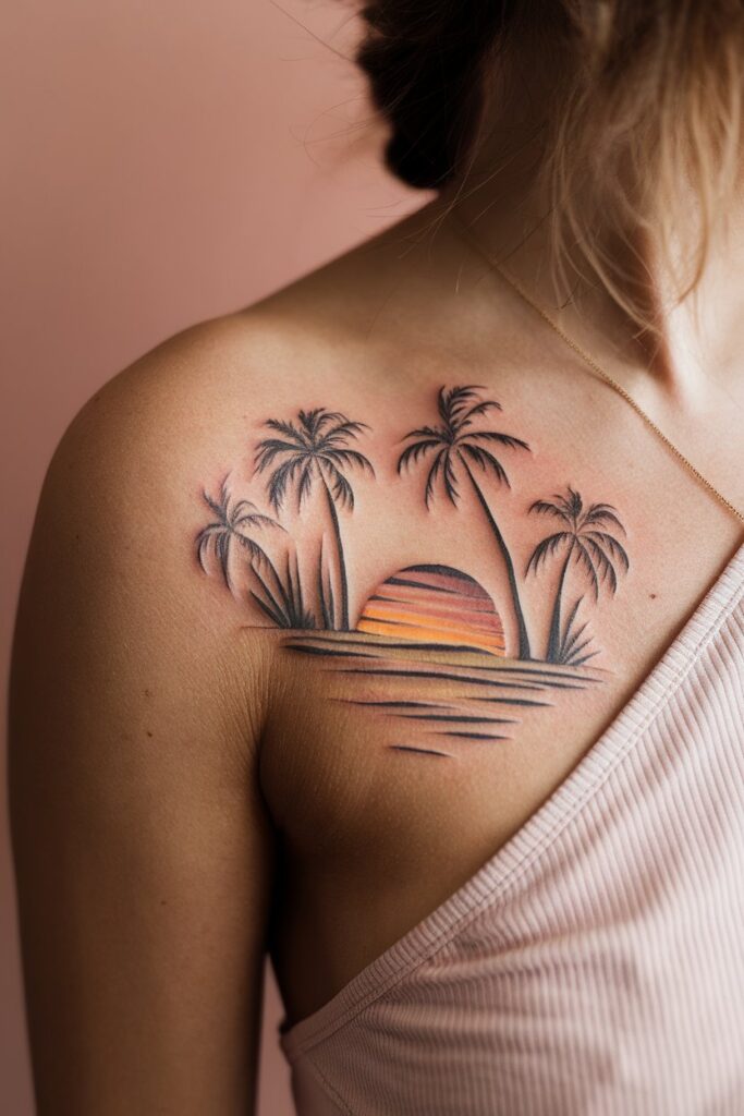 Tropical Sunset Tattoo for Shoulder