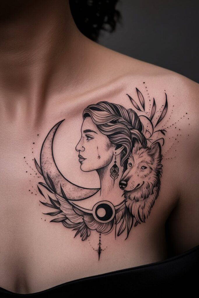 1. Artemis Tattoo with Moon and Wolf