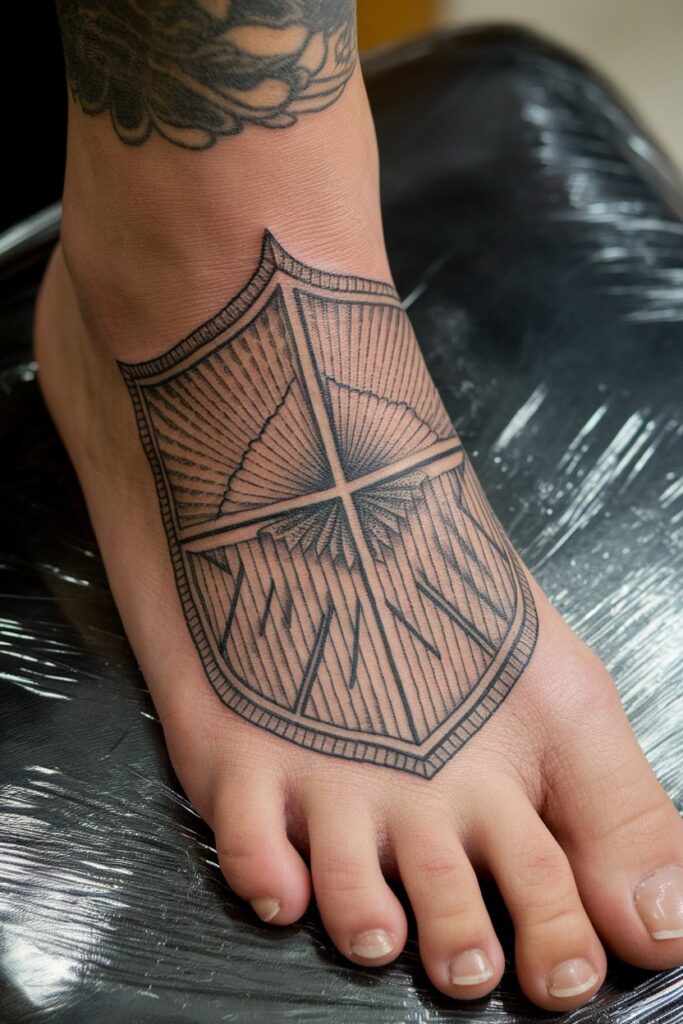 Cross Shield Foot Tattoo