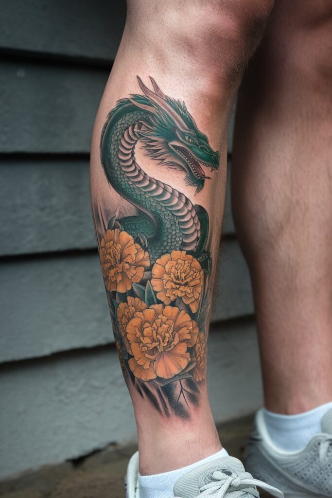 Green Dragon Tattoo with Marigolds