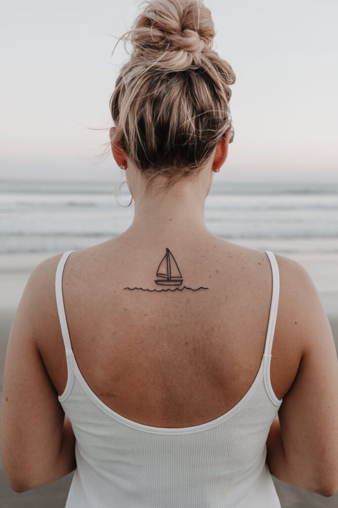 Minimal Sailboat Tattoo on the Upper Back