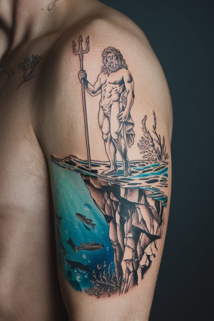 Regal Poseidon Overlooking the Ocean Tattoo