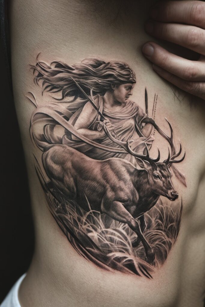 10. Artemis in the Hunt with Stag Tattoo