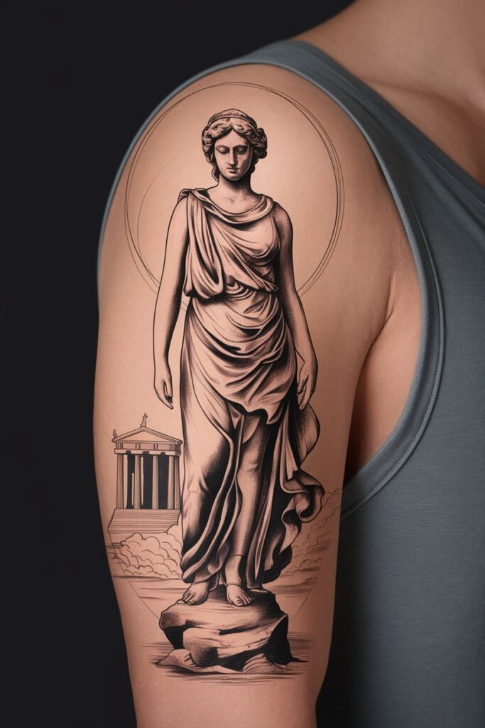 10. Classical Statue Tattoo with Temple