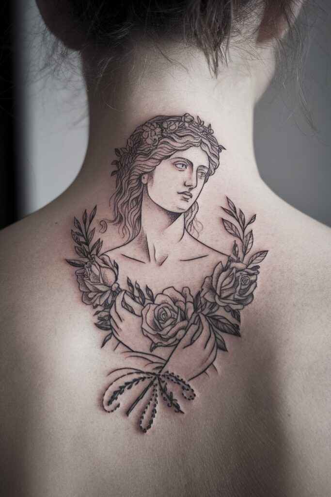 10. Floral Goddess Back Tattoo