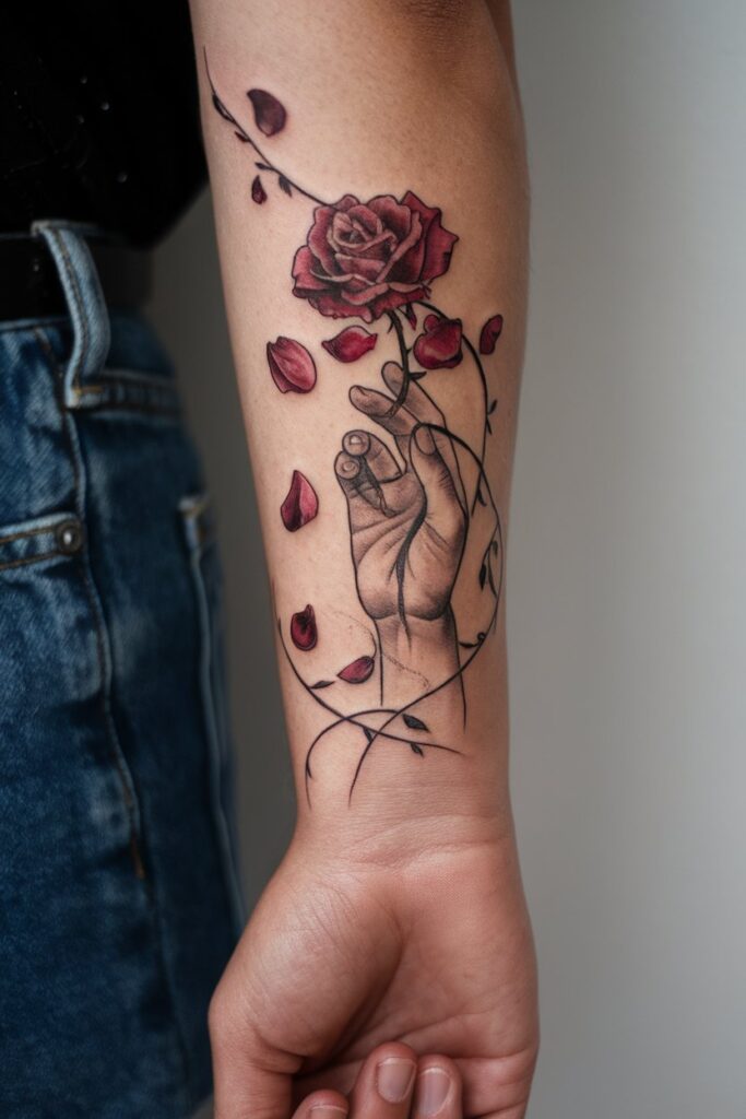 10. Hand and Rose Persephone Tattoo