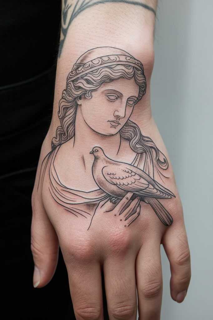 11. Goddess and Dove Hand Tattoo