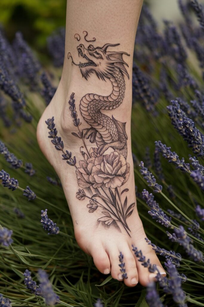 Dragon Tattoo with Peony and Lavender