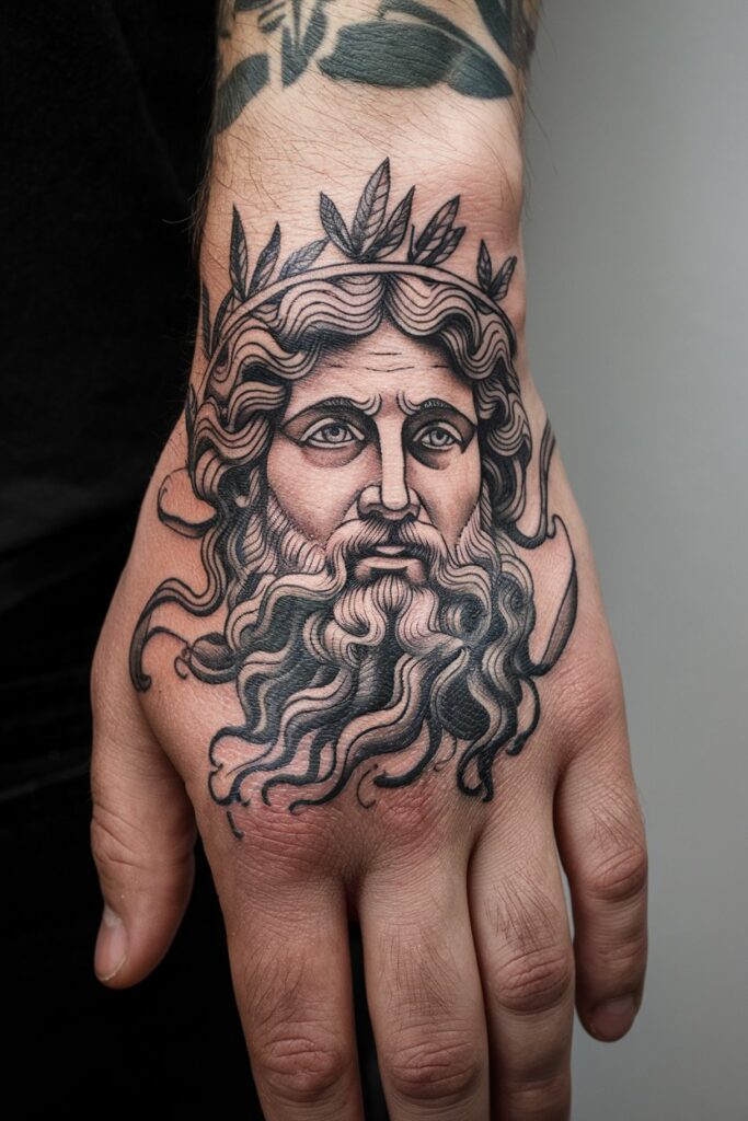 Poseidon's Hand Tattoo with a Crown of Leaves