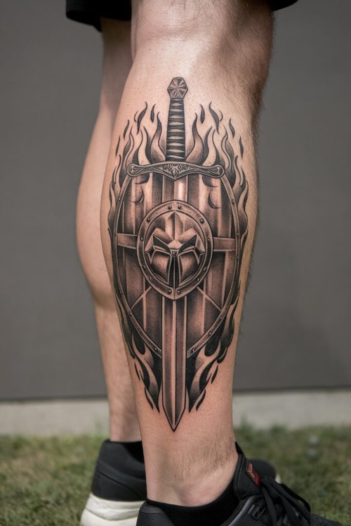 Sword and Shield Leg Tattoo