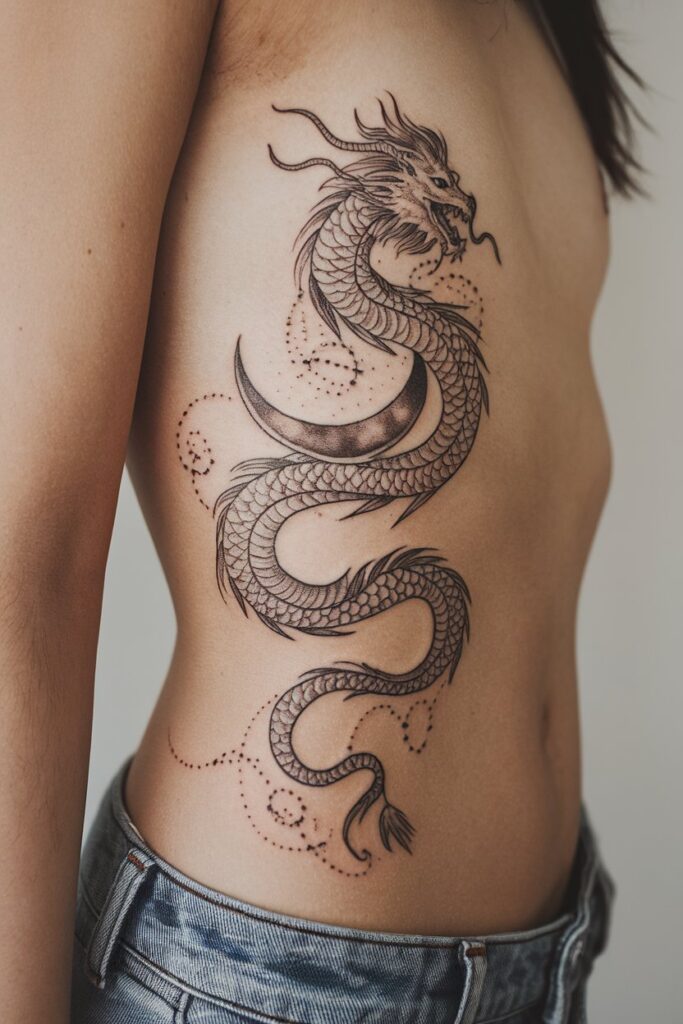 Dragon and Crescent Moon Tattoo Mystical Elegance