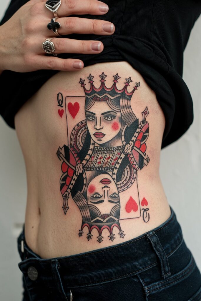 Queen of Hearts Tattoo with Classic Playing Card Style