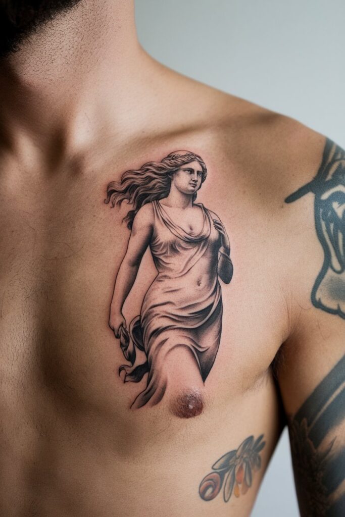 13. Flowing Goddess Chest Tattoo