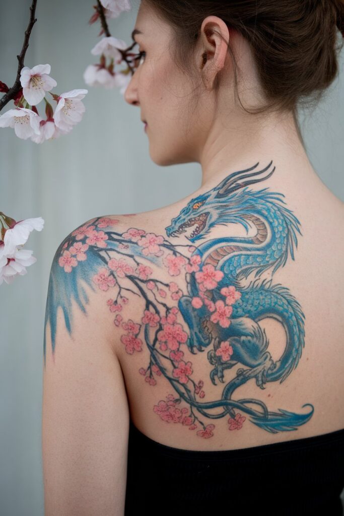 Blue Dragon Tattoo with Cherry Blossoms