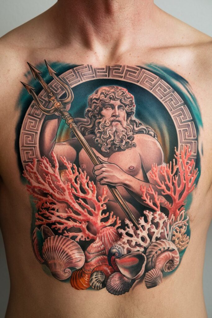 Poseidon with Coral and Seashells Tattoo