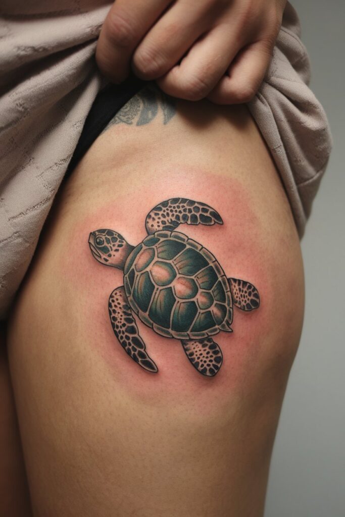 Realistic Sea Turtle Tattoo on the Thigh